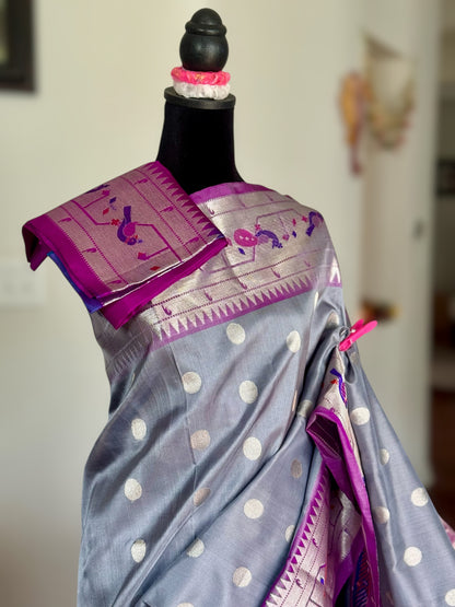 Grey purple high quality Venkatagiri handloom pure silk saree with Paithani border