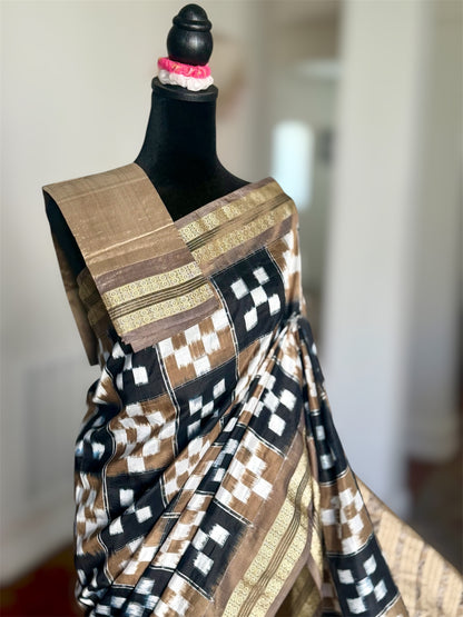 Sambalpuri Handwoven ikat pasapali pure silk saree|Toupe Color|Odisha Weaves|