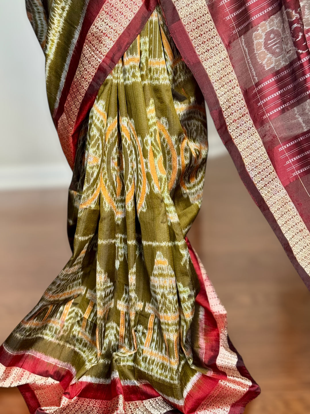 Olive green with maroon handwoven Sambalpuri Ikat Silk saree |Odisha Weaves
