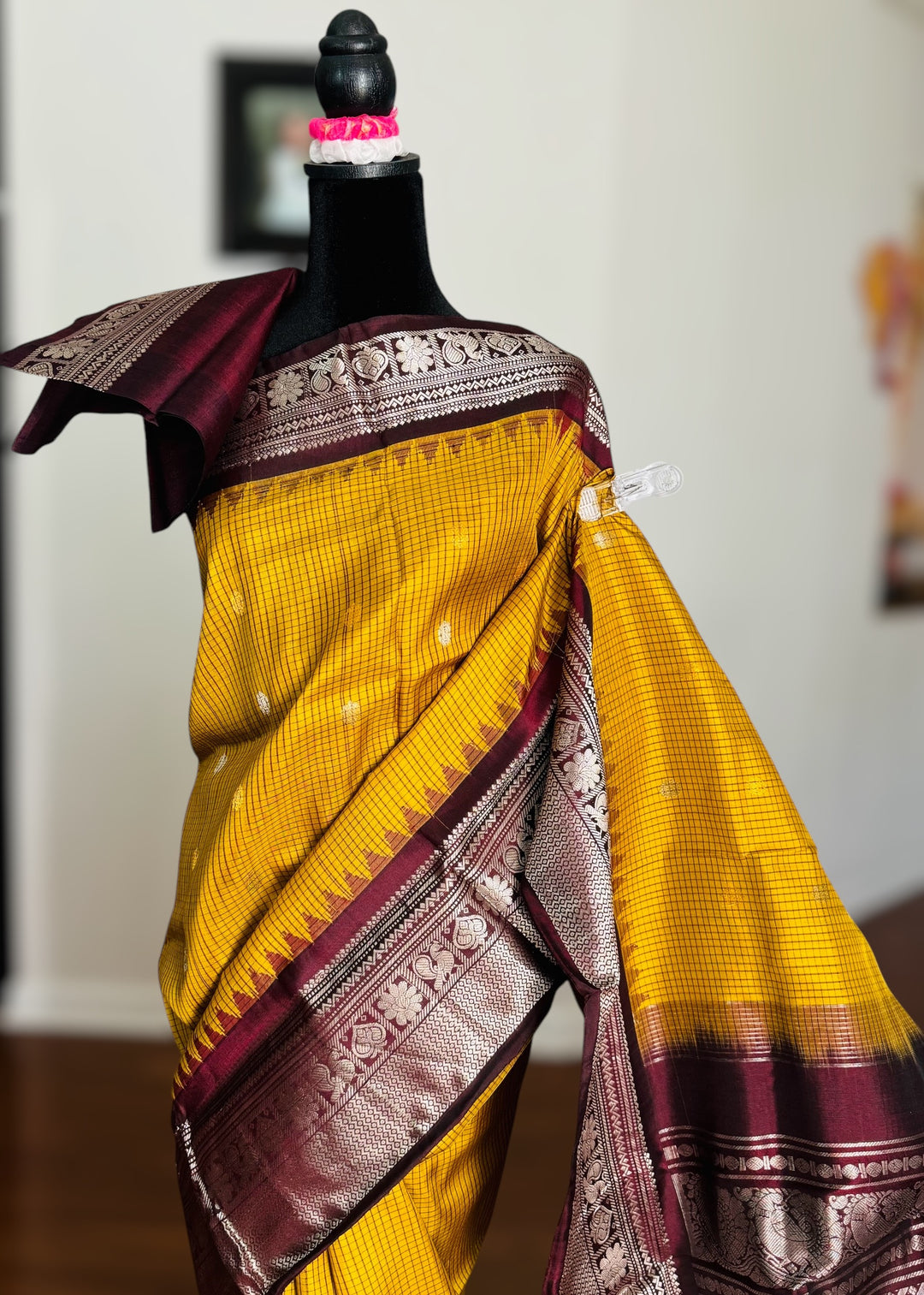 Handwoven Kuttu Gadwal pure Silk Saree in honey mustard color with Checks body