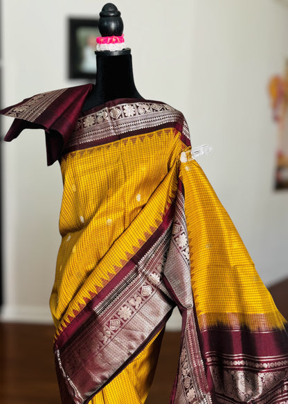 Handwoven Kuttu Gadwal pure Silk Saree in honey mustard color with Checks body