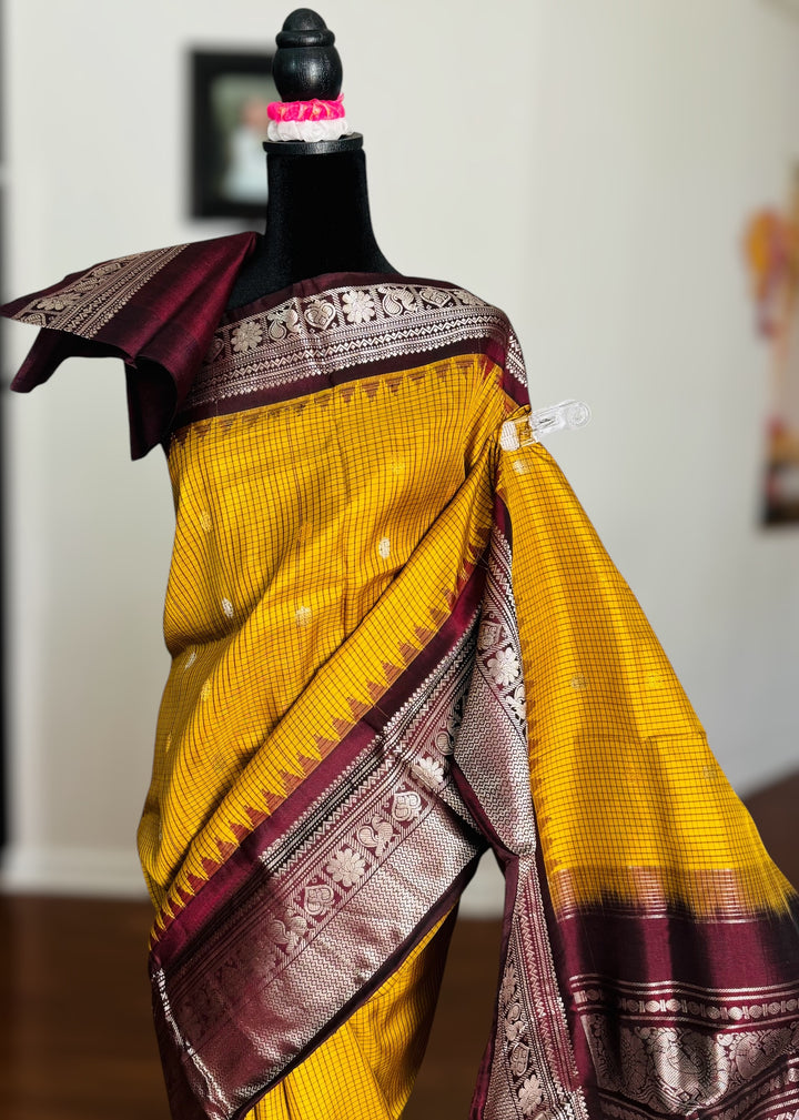 Handwoven Kuttu Gadwal pure Silk Saree in honey mustard color with Checks body