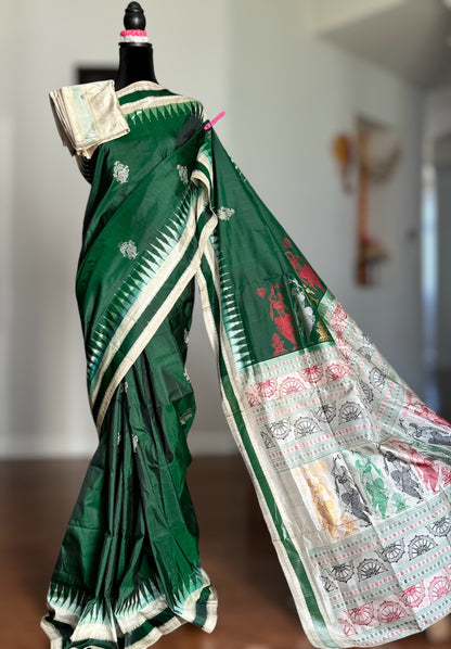 Green Dancer theme Master woven Bomkai Puresilk Sare