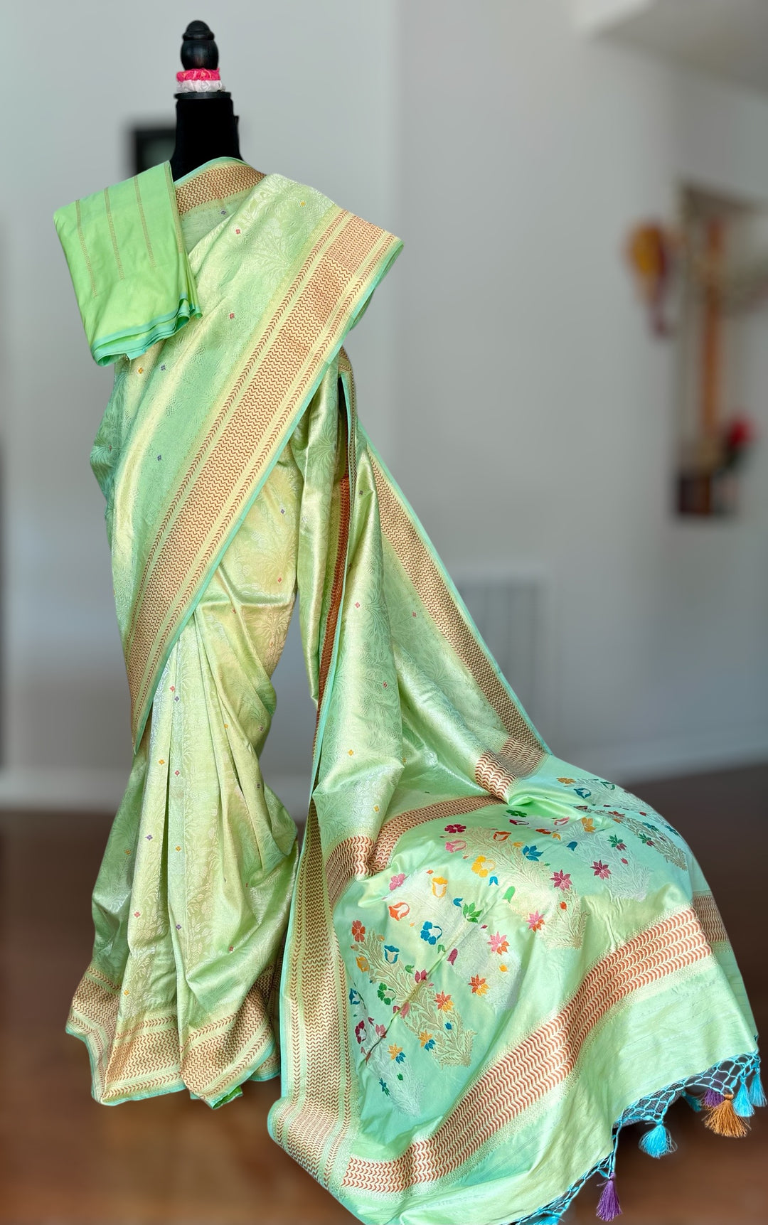 Mint Green Banarasi handloom brocade weaved pure silk saree with Tanchoi meenakari kadhuwa weave saree