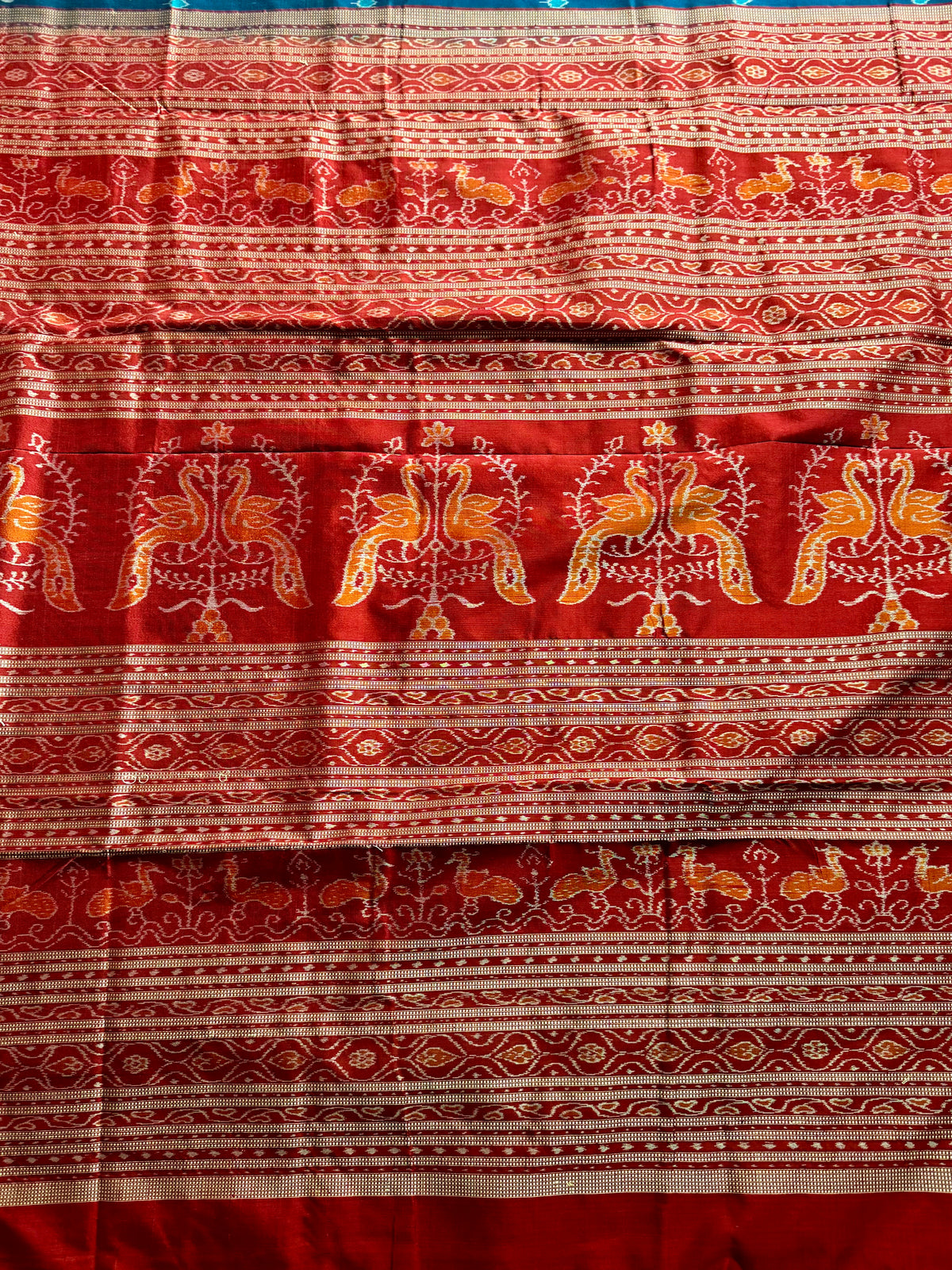 Teal blue and maroon handwoven Sambalpuri thousand motif pure Ikkat silk saree | Odisha Weaves
