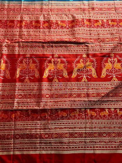 Teal blue and maroon handwoven Sambalpuri thousand motif pure Ikkat silk saree | Odisha Weaves