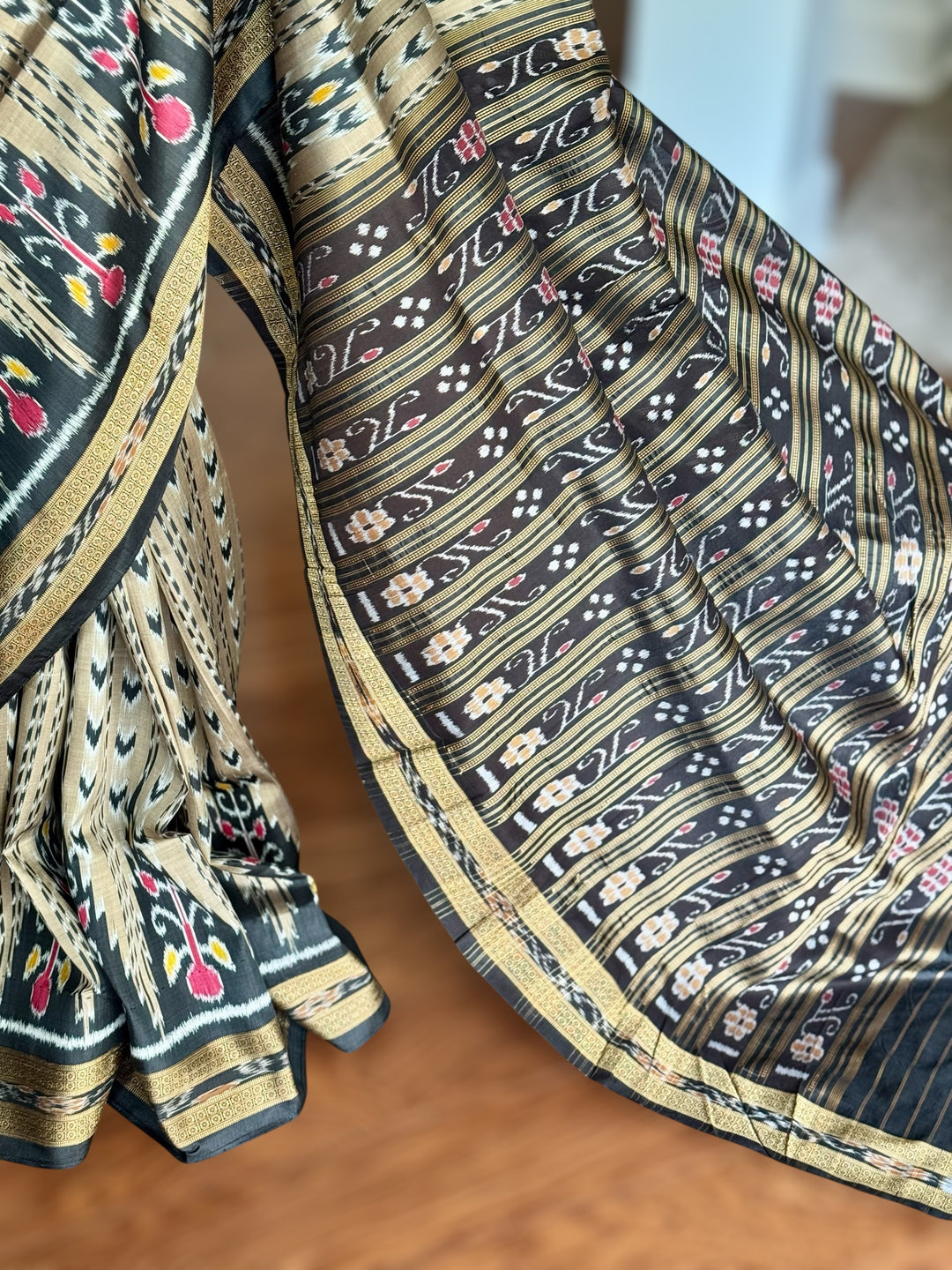 Handwoven Pure Silk ikat Khandua Saree Beige-Gold|Mishrita |Odisha Weaves