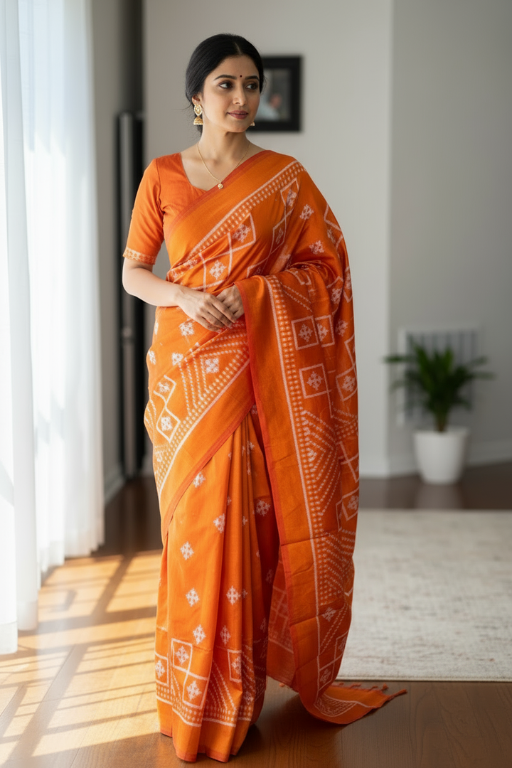 Orange color handwoven ikat pure silk saree|Odisha Weaves|Contemporary Ikat|