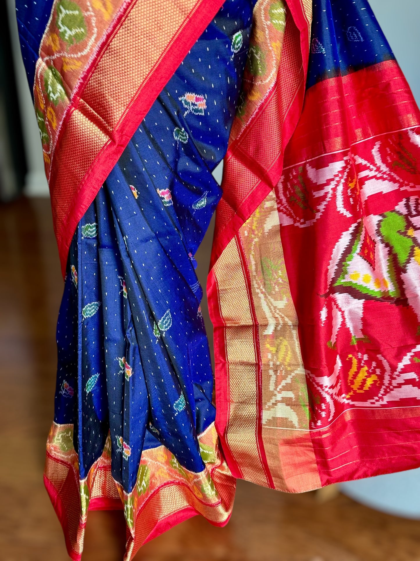 Elephant Pallu night blue with red combination Pochampally ikat pure silk saree