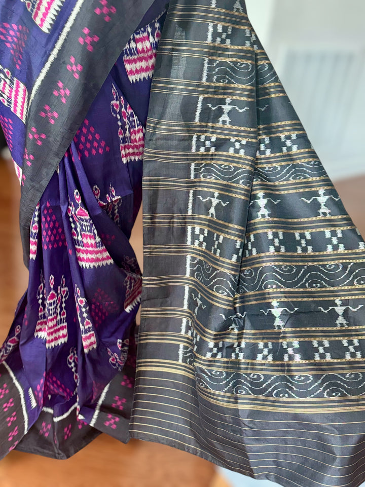 Purple color  Tribal Dance theme Contemporary Ikat Pure Silk Saree|Odisha Weaves