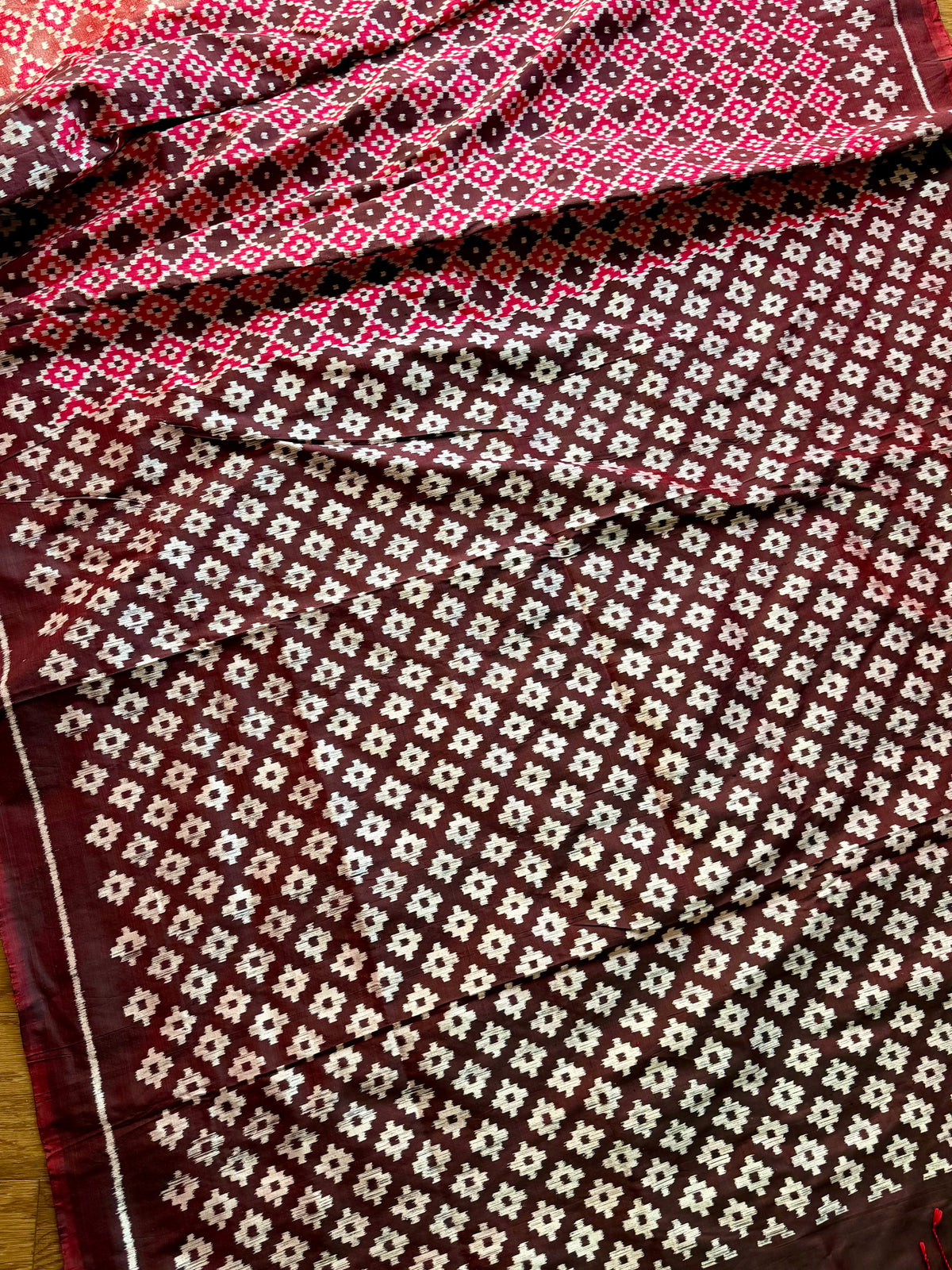 Maroon handwoven ikat pure silk saree with pasapali design|Odisha Weaves|Contemporary Ikat|Antara