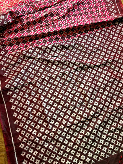Maroon handwoven ikat pure silk saree with pasapali design|Odisha Weaves|Contemporary Ikat|Antara