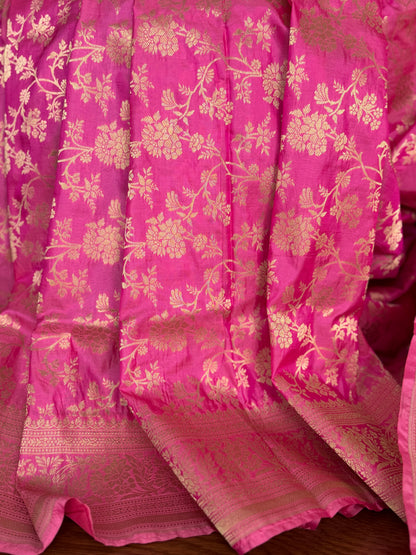 Pink Banarasi handwoven pure silk with floral jaal work