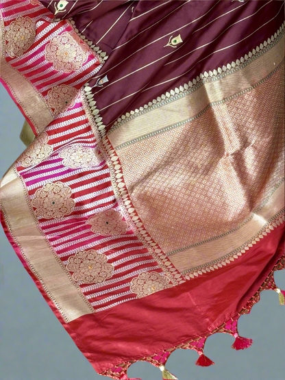 Maroon Luxurious Banarasi pure Katan Silk Saree with Rangkat Border