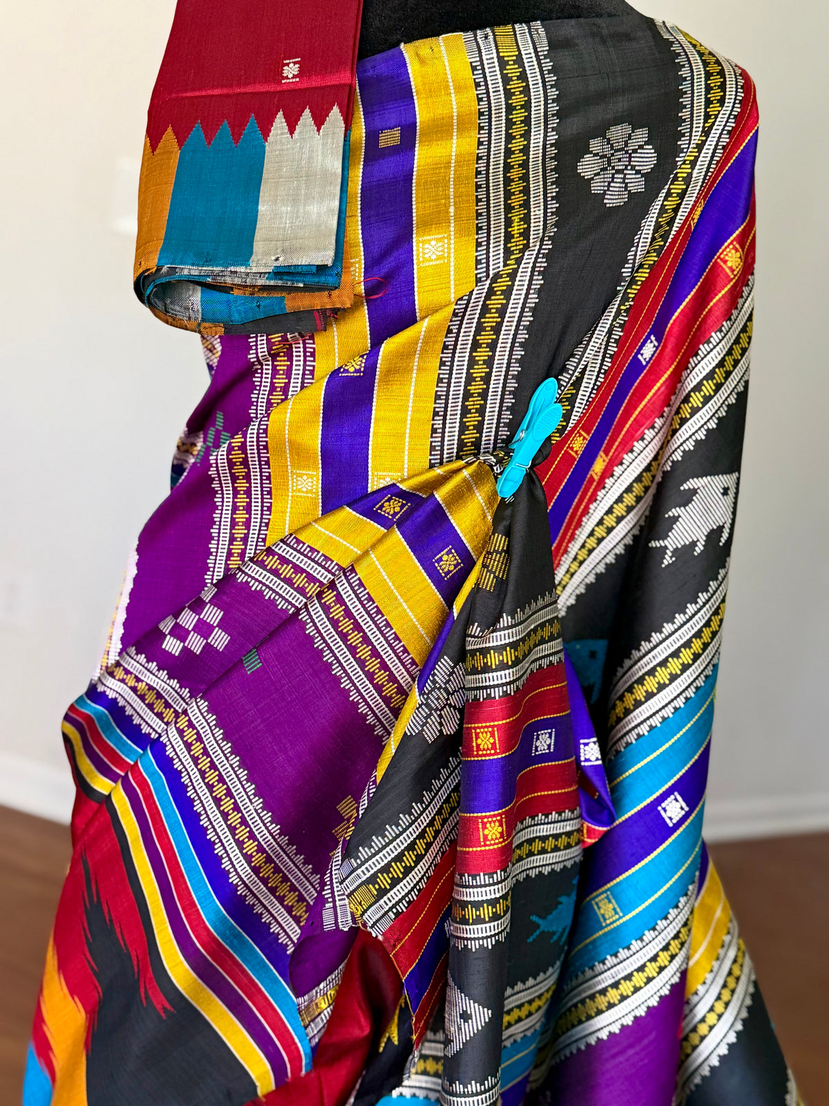 Maroon Berhampuri Pure Silk Saree with multi color Double pallu