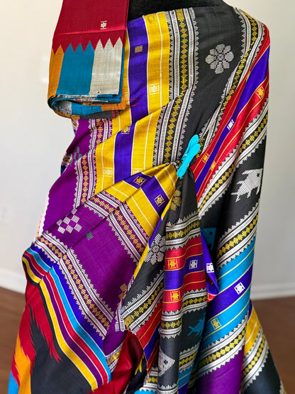 Maroon Berhampuri Pure Silk Saree with multi color Double pallu