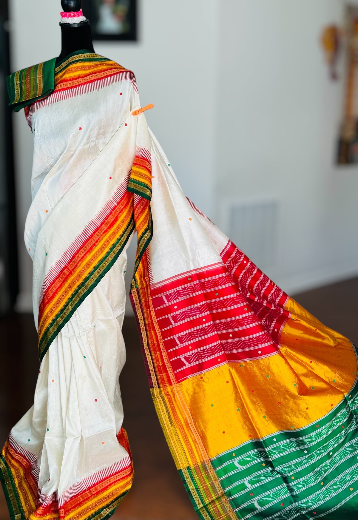 White kathiphera pure silk saree in red,yellow, green border and pallu | Khandua Ikat |Odisha Weaves