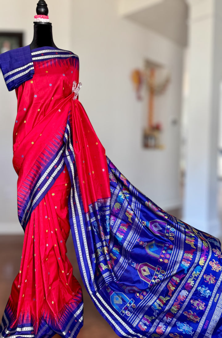 Gorgeous Red with Royal BlueNandighosa pure silk saree from Odisha Weaves| Bomkai|