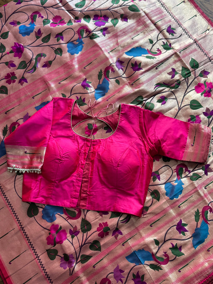 Pink color paithani inspired brocade saree with stitched blouse| Value Vogue