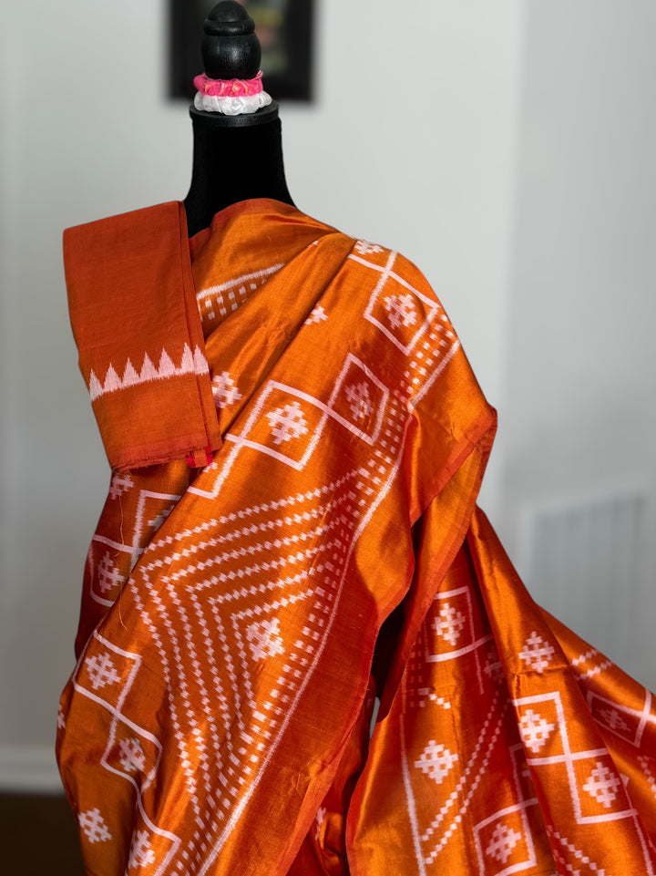 Orange color handwoven ikat pure silk saree|Odisha Weaves|Contemporary Ikat|