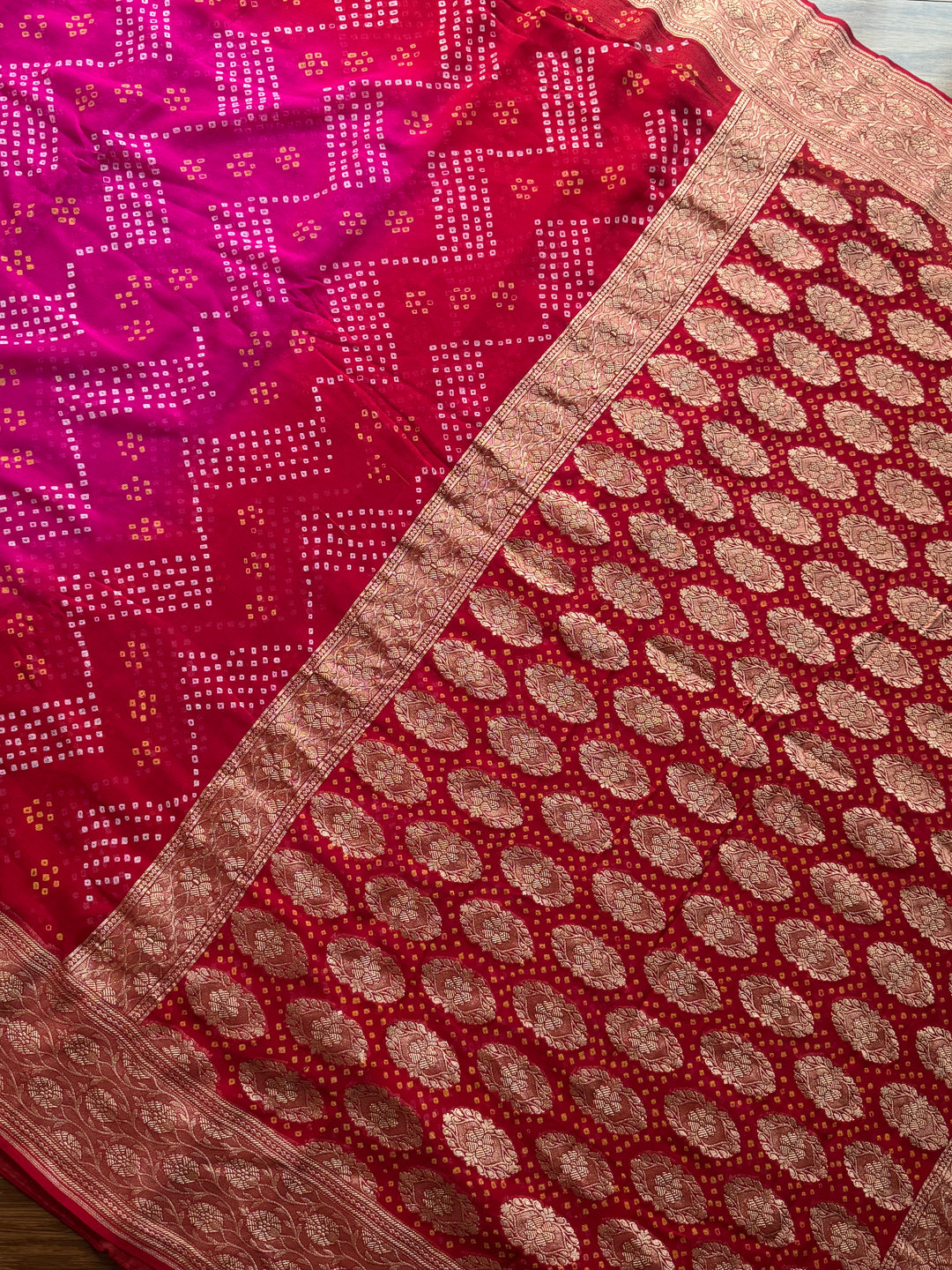 Pink with Red pure khaddi chiffon georgette rai bandhini saree