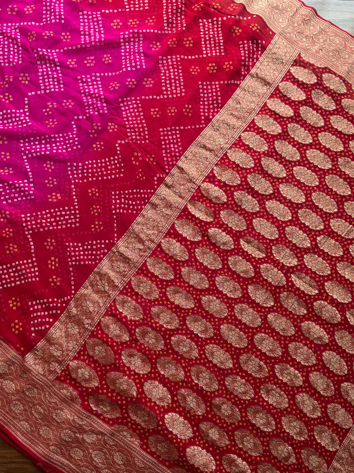 Pink with Red pure khaddi chiffon georgette rai bandhini saree