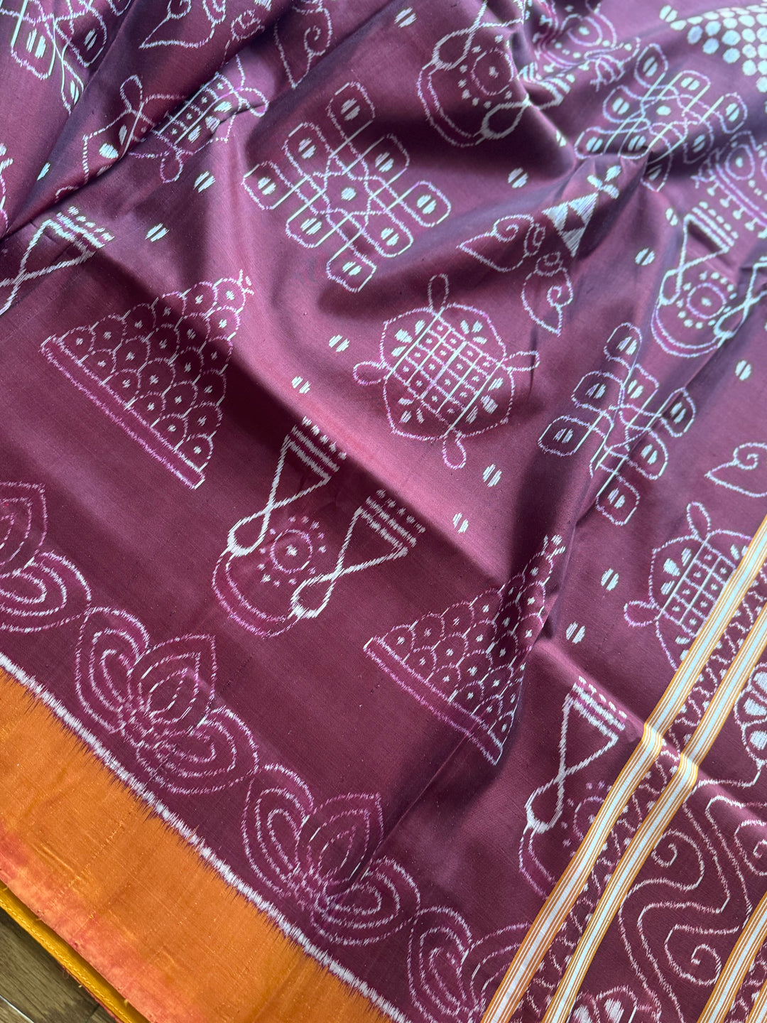Maroon with orange yellow color handwoven Chita patterned ikat pure silk saree|Odisha Weaves|Contemporary Ikat
