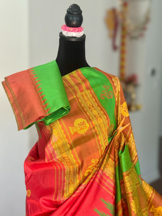 Dark Peach Berhampuri double pallu handwoven  Pure Silk Saree