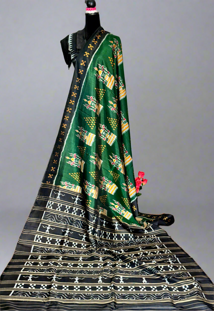 Dark Green Tribal Dance theme Contemporary Ikat Pure Silk Saree|Odisha Weaves