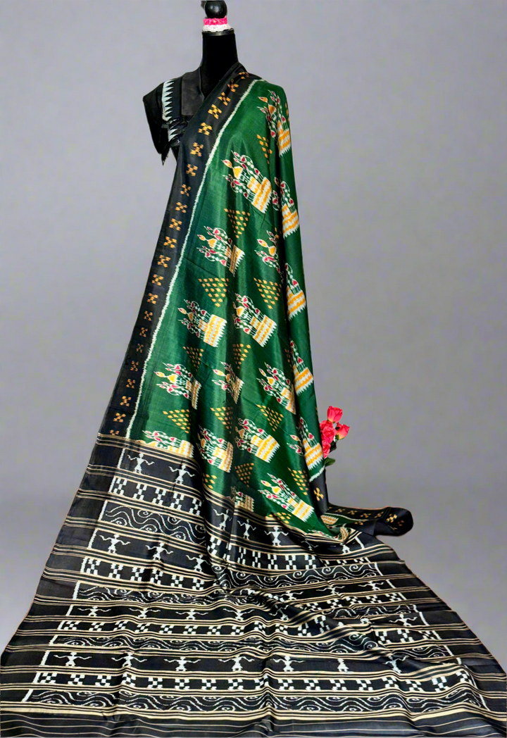 Dark Green Tribal Dance theme Contemporary Ikat Pure Silk Saree|Odisha Weaves