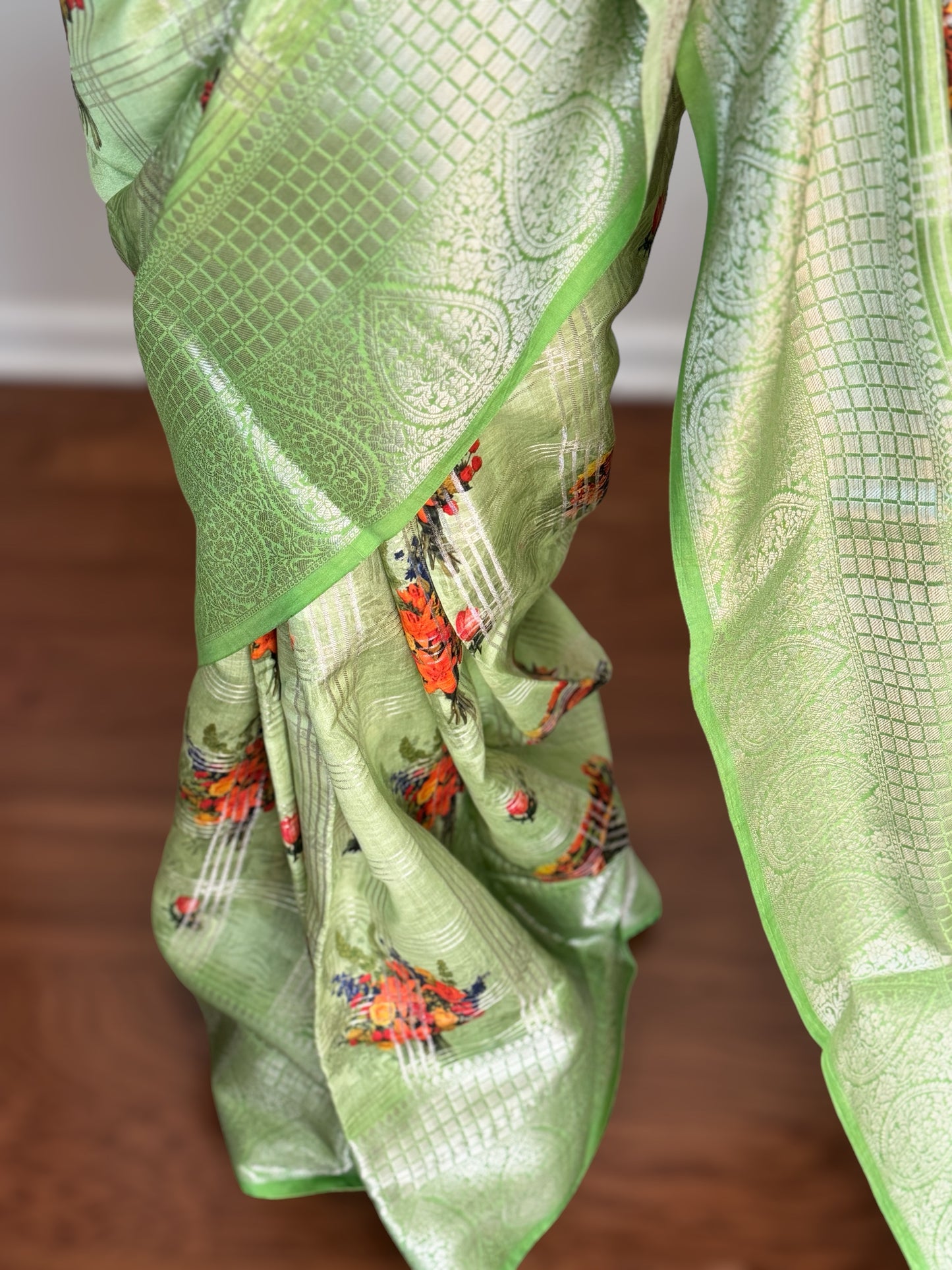 Beautiful Green color powerloom made banarasi pure silk saree with digital flower print and stitched blouse| Value Vogue