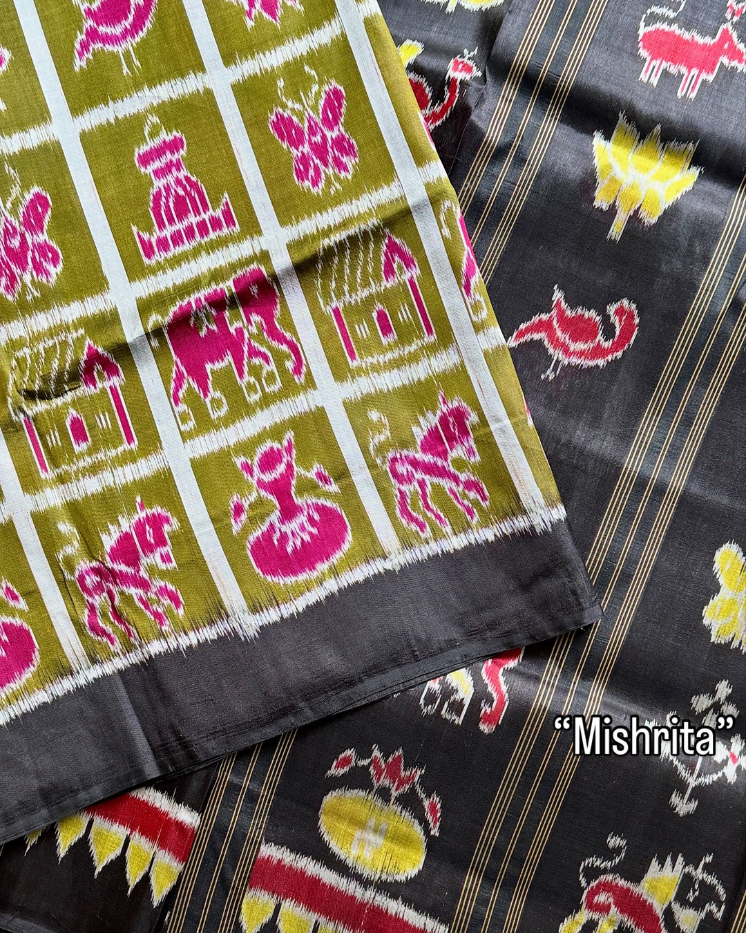 Olive Green Nabakothi Contemporary Ikat Pure Silk Saree|Odisha Weaves|Mishrita