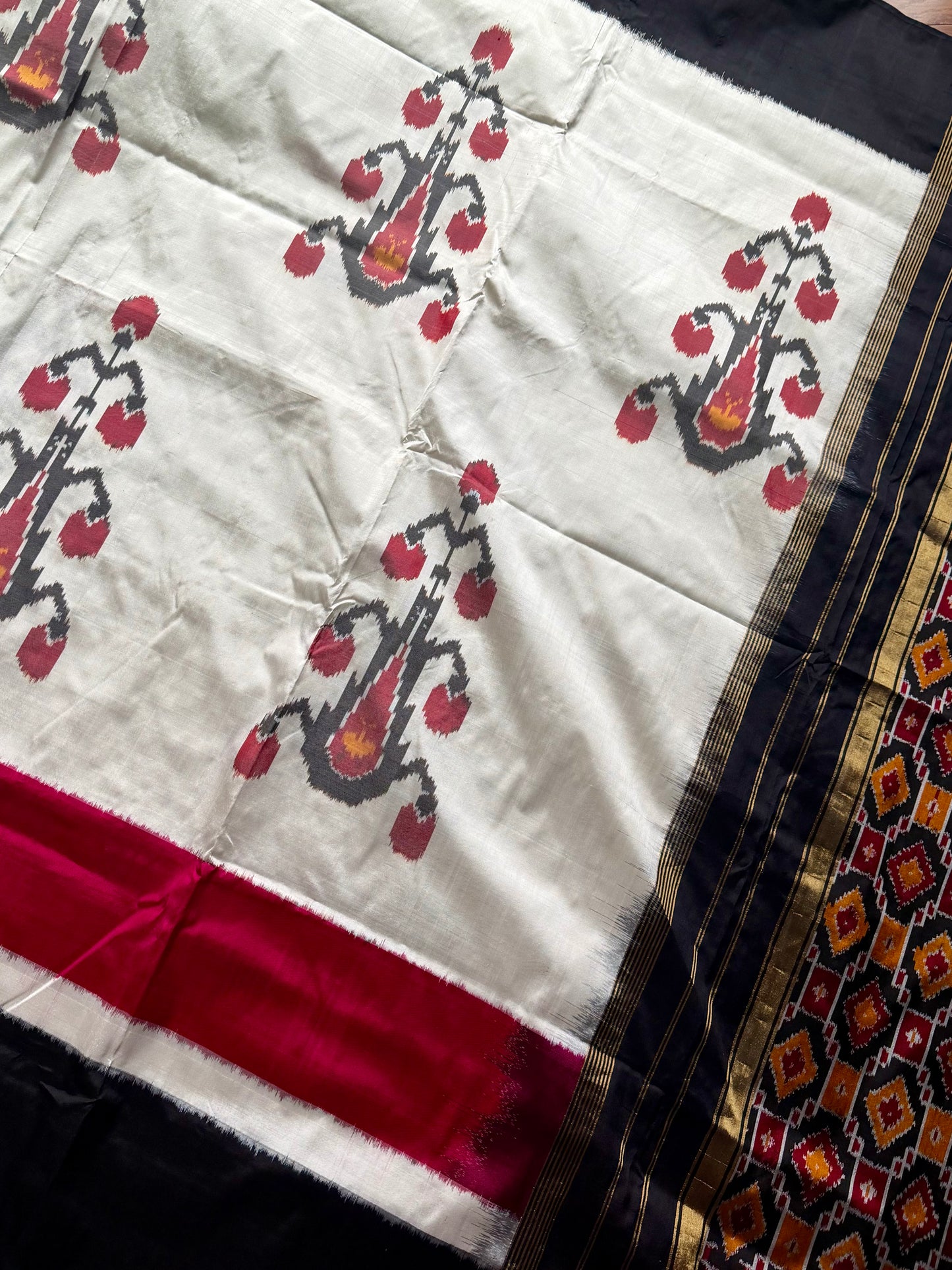 Cambodian inspired Pochampally handwoven double ikat pure silk saree| offwhite base| Sweta