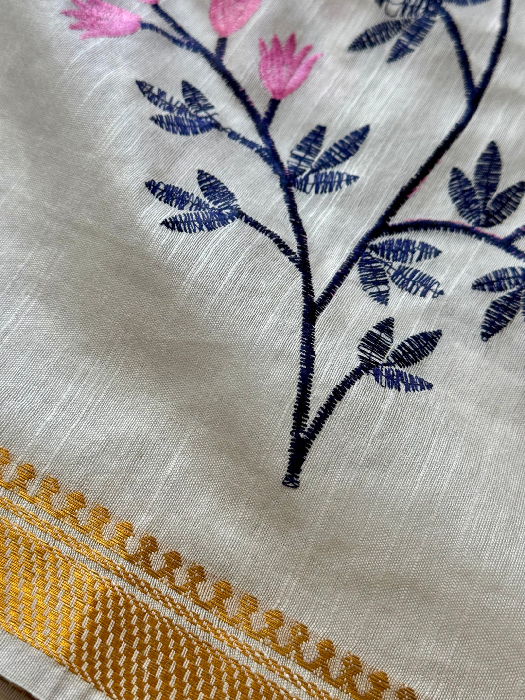 White color Linen muslin silk saree with embroidery work and stitched blouse| Value Vogue