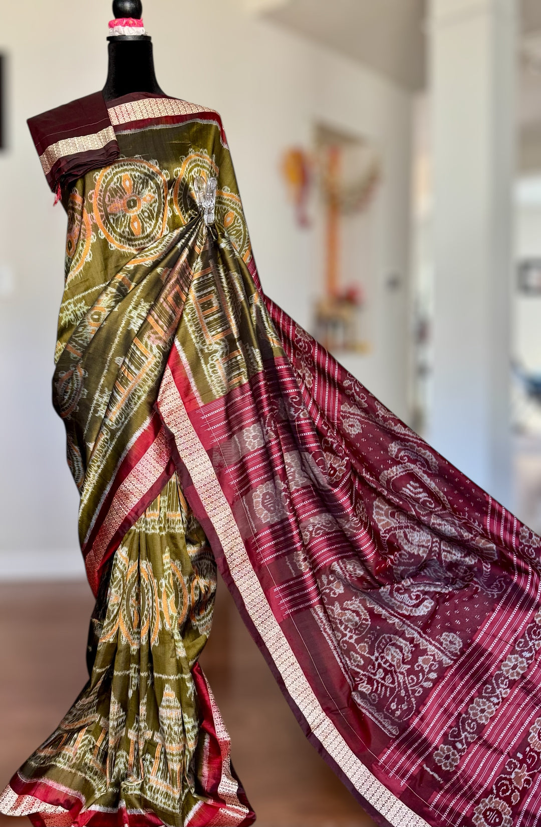 Olive green with maroon handwoven Sambalpuri Ikat Silk saree |Odisha Weaves