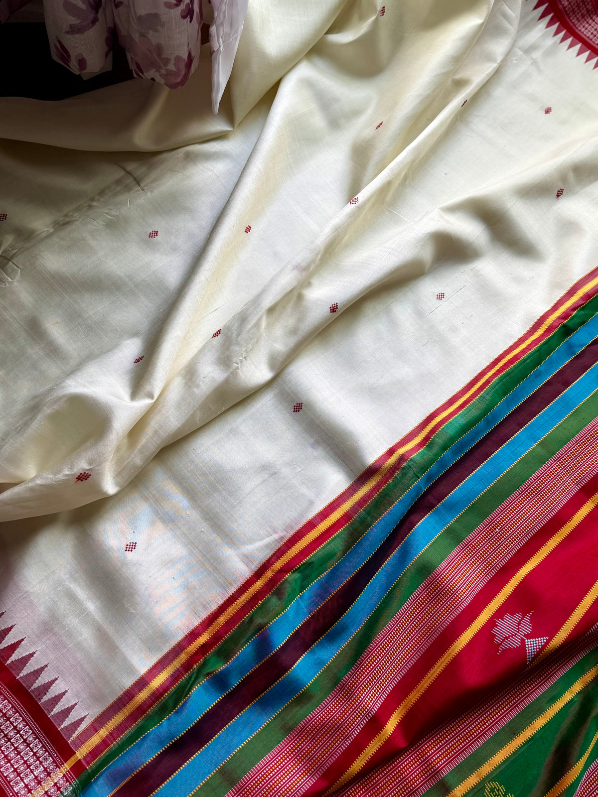 Off- White and Red Berhampuri Double pallu Pure Silk Saree| Odisha Weaves