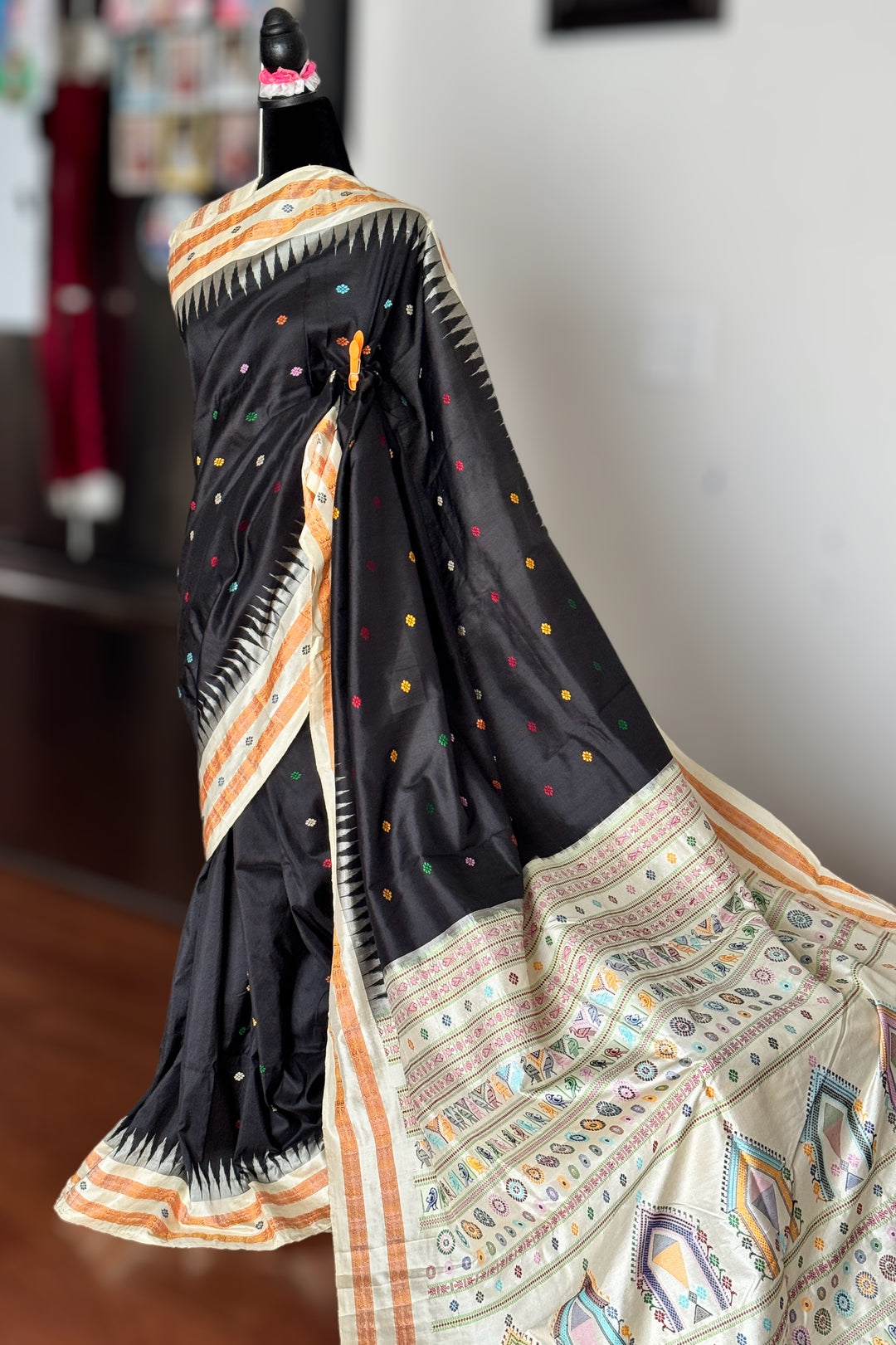 Gorgeous Black and Beige Combination Dolabedi pure silk saree from Odisha Weaves
