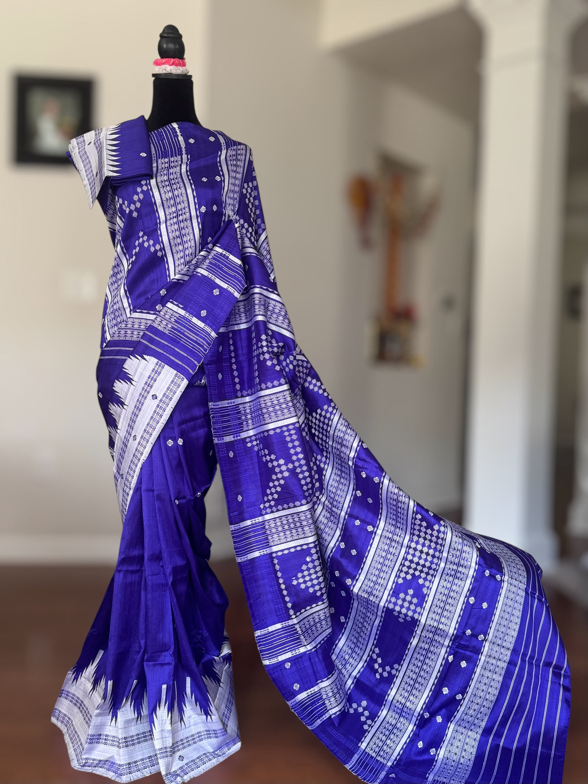 Indigo color traditional weaving Berhampuri Pure Silk Saree with Double pallu