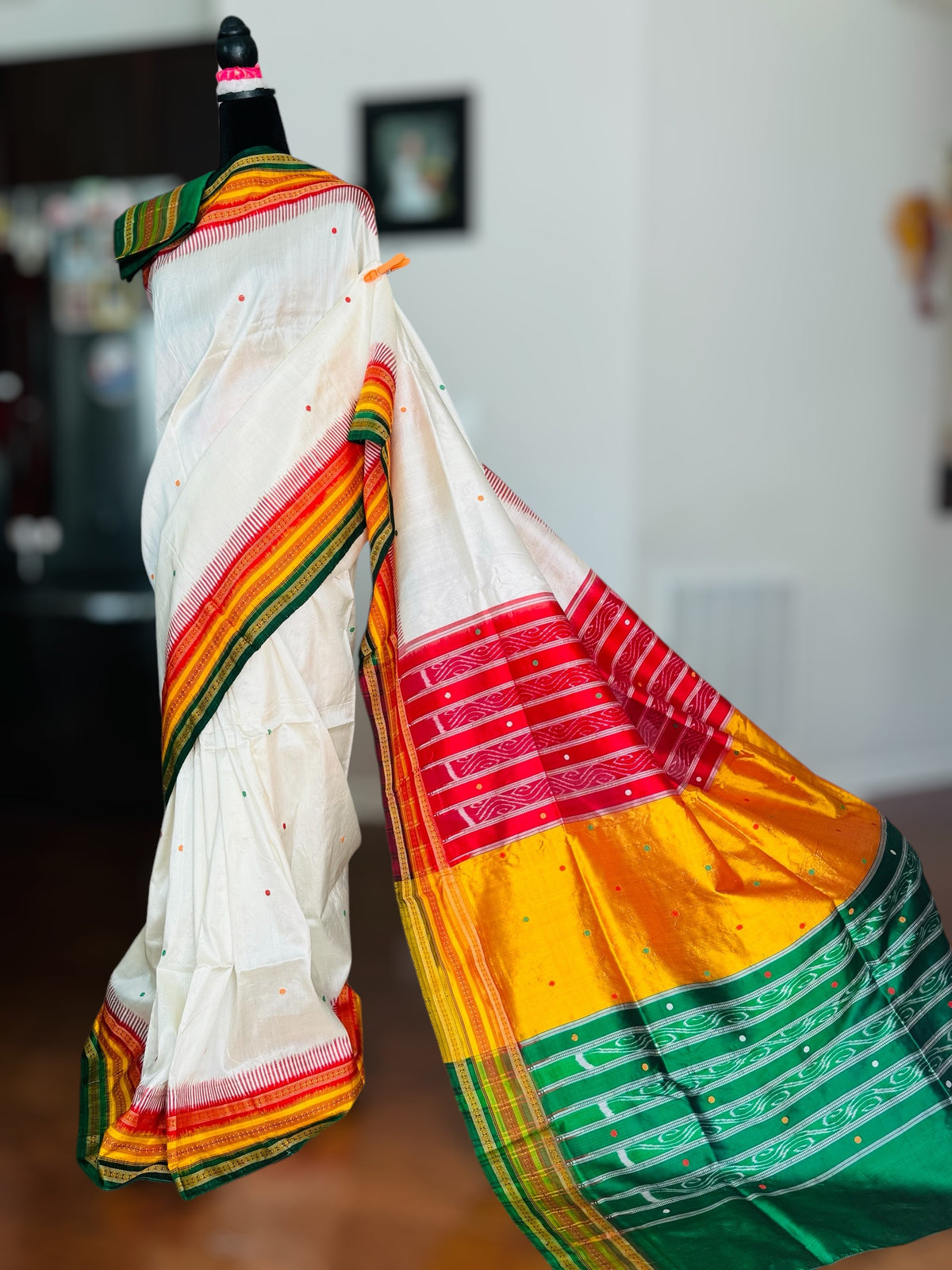 White kathiphera pure silk saree in red,yellow, green border and pallu | Khandua Ikat |Odisha Weaves