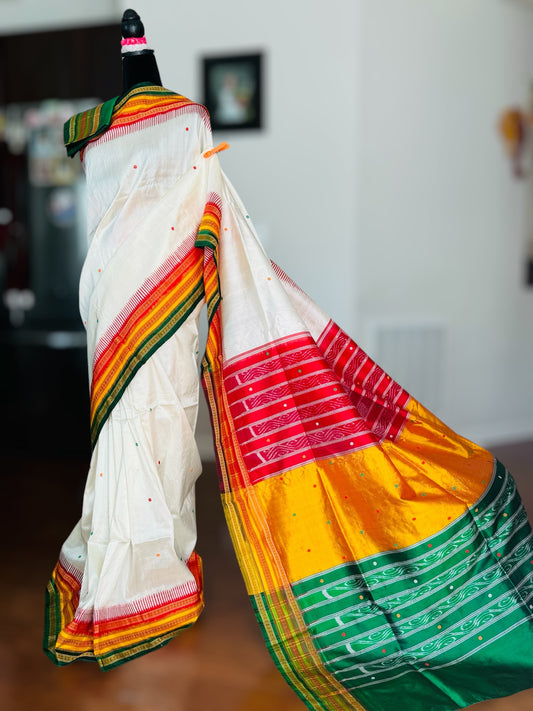 White kathiphera pure silk saree in red,yellow, green border and pallu | Khandua Ikat |Odisha Weaves