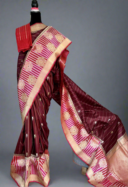 Maroon Luxurious Banarasi pure Katan Silk Saree with Rangkat Border