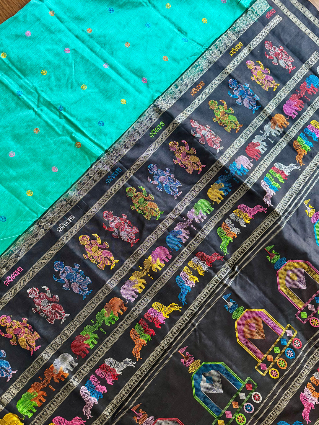 Gorgeous Light Aqua green Nandighosa pure silk saree from Odisha Weaves| Bomkai|