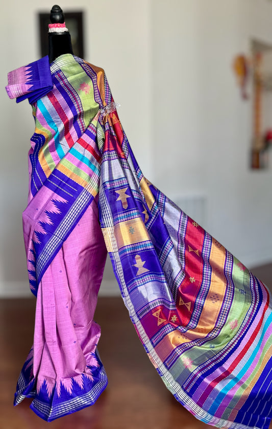 Lavender Pink with blue combination Berhampuri Double pallu pure silk saree