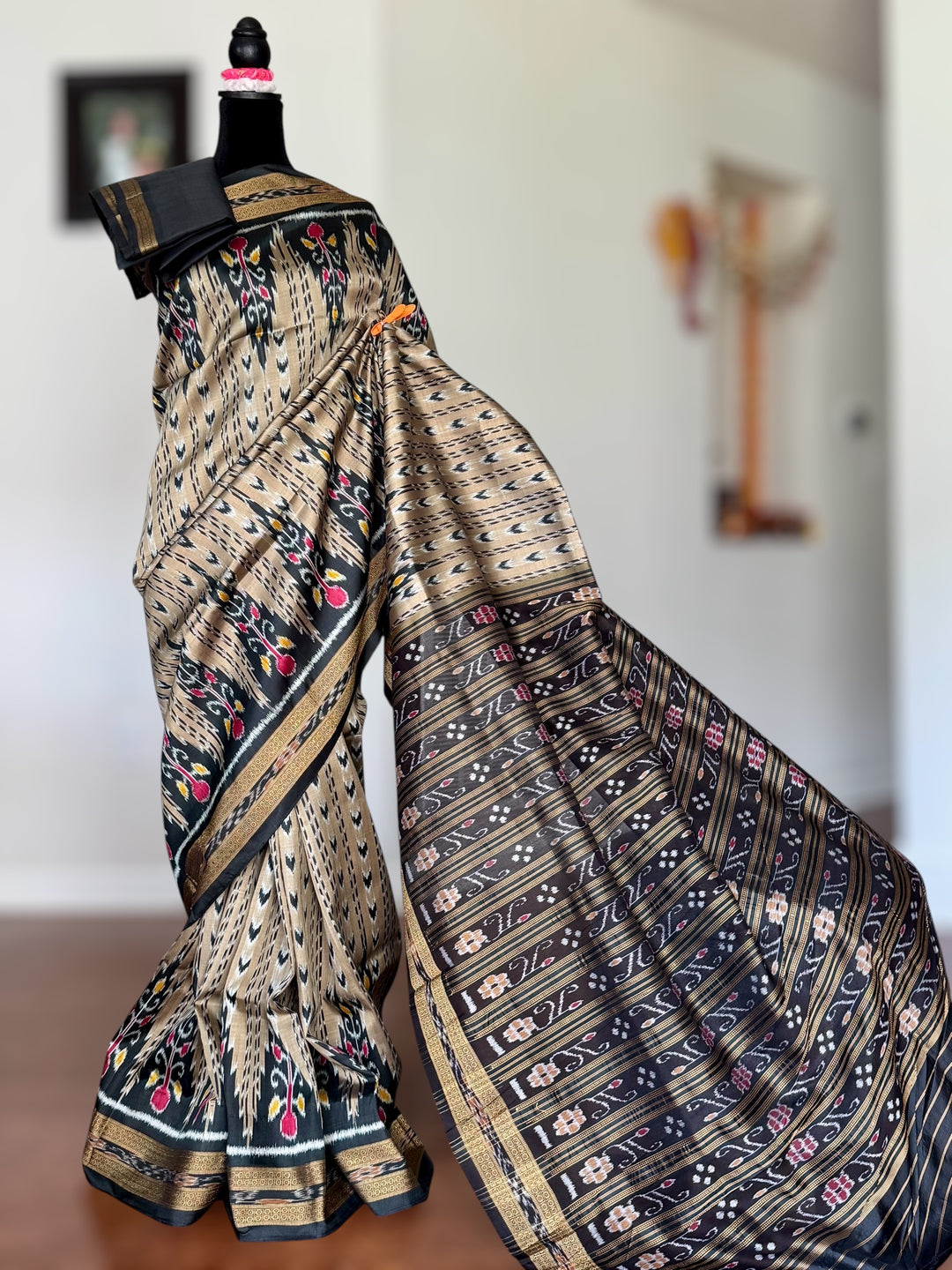 Handwoven Pure Silk ikat Khandua Saree Beige-Gold|Mishrita |Odisha Weaves