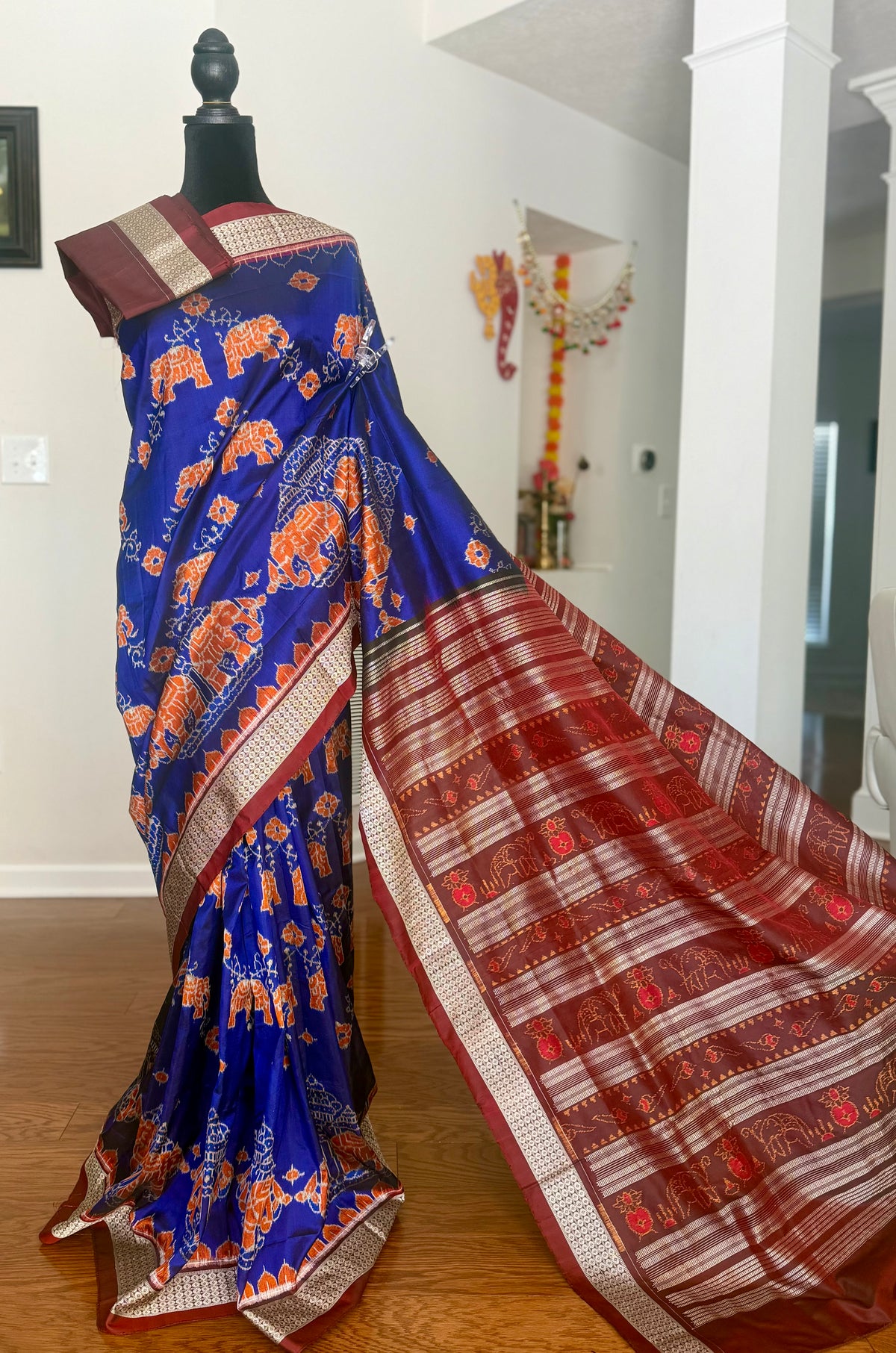 Blue & Maroon Sambalpuri Handwoven Ikat Elephant Motif pure silk Saree | Odisha weaves
