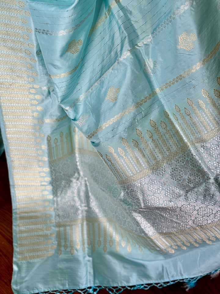 Icy Blue color Banarasi pure katan silk saree with kadhua work along with artistic meenakari bundis