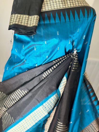 Beautiful Black and blue Handwoven Bomkai Pure Silk Saree –  from Odisha Weaves