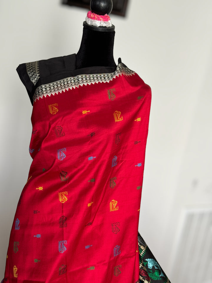 Red color Bomkai Pure Silk Saree with gorgeous turtle motif pallu