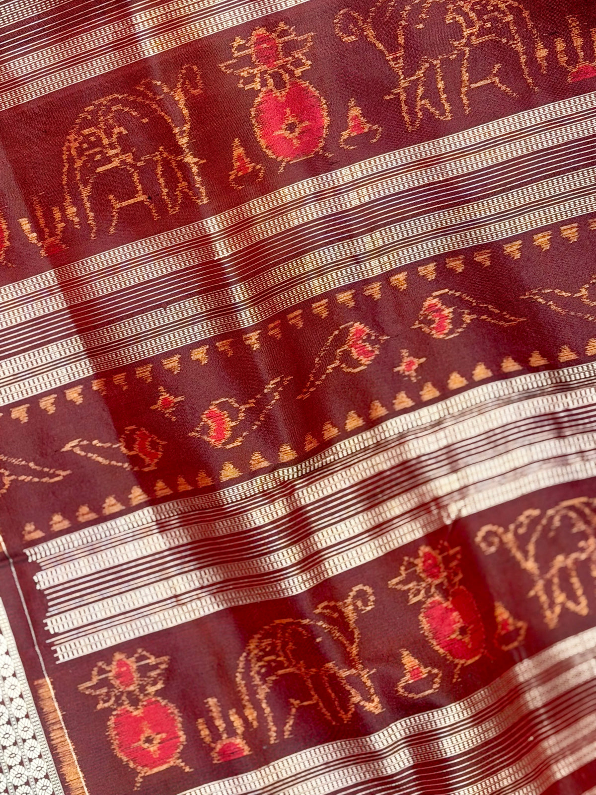 Blue & Maroon Sambalpuri Handwoven Ikat Elephant Motif pure silk Saree | Odisha weaves