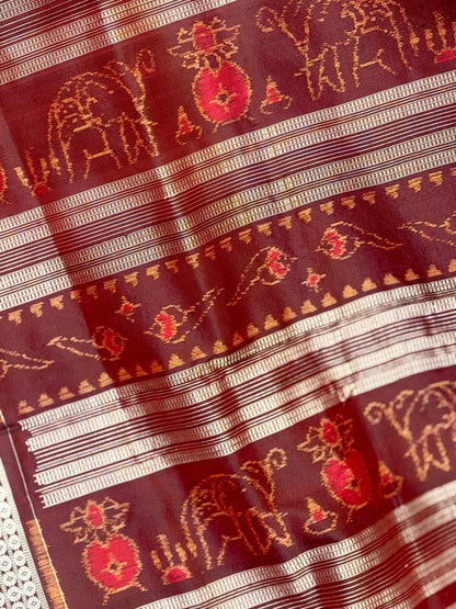 Blue & Maroon Sambalpuri Handwoven Ikat Elephant Motif pure silk Saree | Odisha weaves
